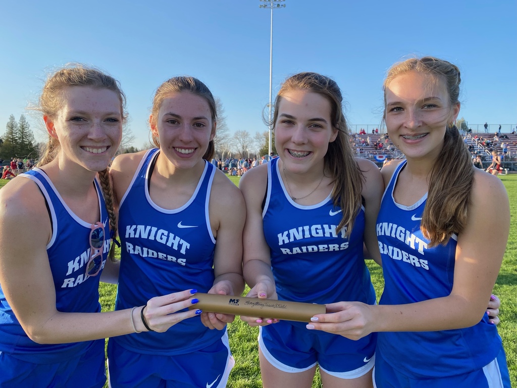 Competing at the Fairmont Sentinel Relays Friday, the girls sprint medley relay team of Savannah, Katelin, Maggie and Grace set a school record running the 200, 200, 400, 800 meter medley in 4:28.33. This bested the time of 4:31.84 set in 2014 by Tessa, Damia, Sara and Julia.  Great job, Knights!!!