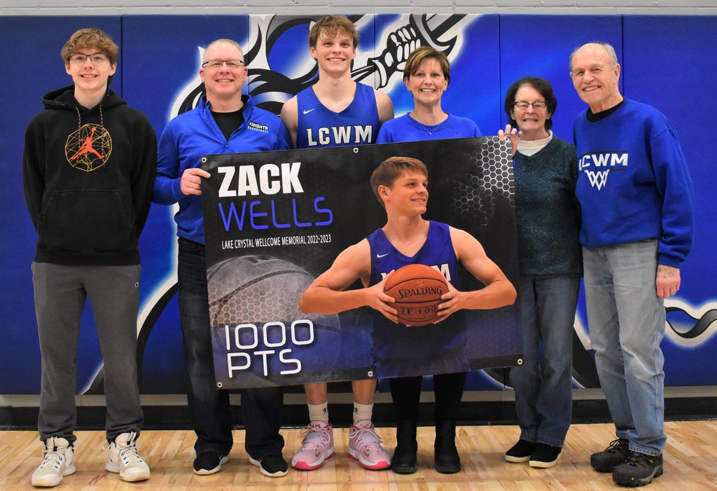 On December 29, with under one minute to play during the championship game at the Bethany Lutheran Holiday Tournament, Zack Wells scored his 14 th point of the night, thus reaching the 1,000 point career milestone. Zack became only the 6 th boy in LCWM history to score 1,000 varsity points, joining Brian Sandstrom, Garrett Ulrich, Jesse Van Sickle, Bryson Yackel, and Michael Coates. Zack is the son of Mike and Karen Wells of Rapidan. He is also active in MSU-Mankato handball and LCWM baseball.